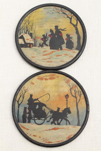 antique vintage round wood flue cover pictures, silhouette scenes w/ shabby worn paint