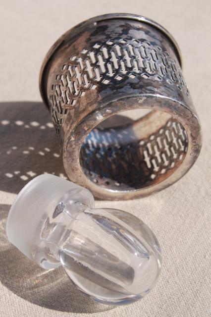 antique vintage scent bottle, eau de toilette cologne or vanity jar w/ silver stand