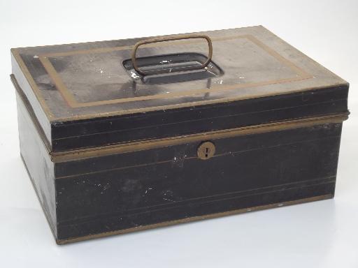 antique vintage toleware document box, old black & gold painted lock box 