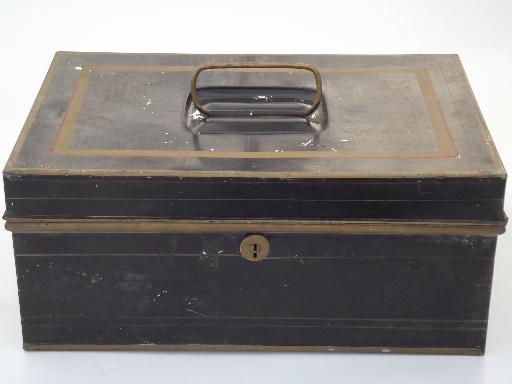 antique vintage toleware document box, old black & gold painted lock box 