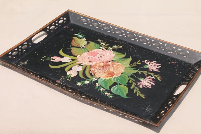 antique vintage toleware serving tray, shabby painted flowers tole tin tray