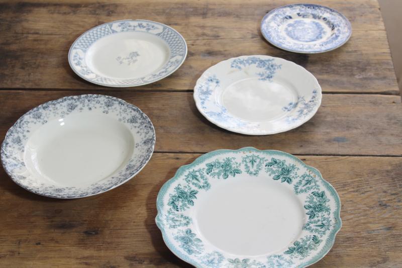 antique & vintage transferware china mismatched plates blue, grey, teal green