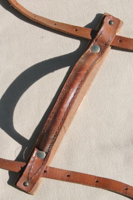 antique vintage traveling bag satchel books or blanket roll carrier, leather handle & straps