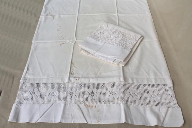 antique vintage white cotton sheets & pillowcases w/ crochet lace, white work embroidered bed linen lot