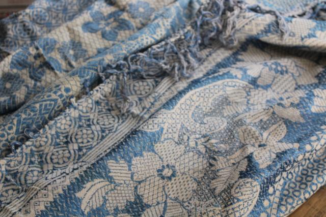 antique wedding gift, shawl fringe bedspread or curtain panel, blue & white vintage fabric