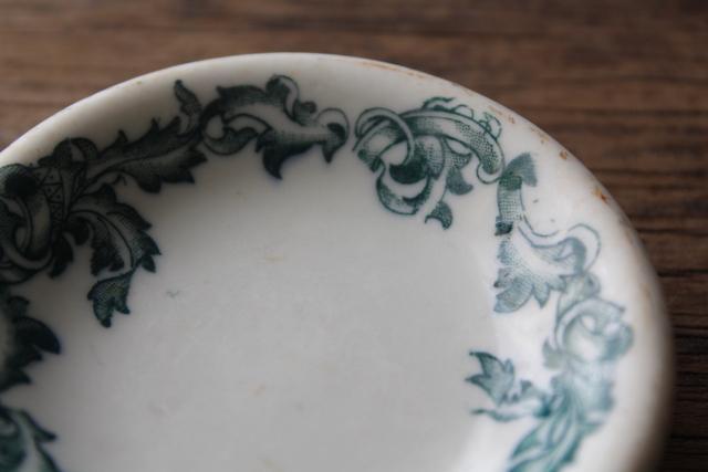 antique white ironstone china butter pat plates, green transferware vintage 1920s