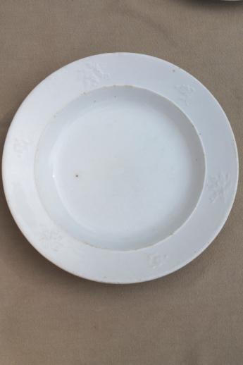 antique white ironstone china plates & platter, late 1800s vintage embossed china patterns