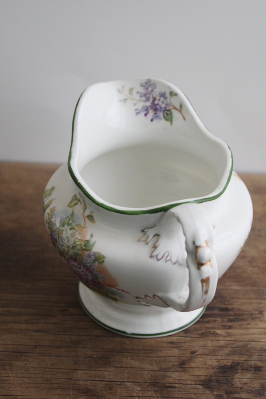 antique white ironstone cream pitcher w/ lilacs floral, early 1900s vintage English china