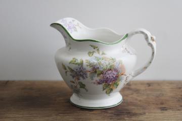 antique white ironstone cream pitcher w/ lilacs floral, early 1900s vintage English china