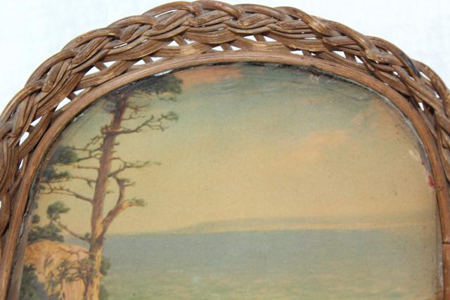 antique wicker tray, souvenir w/ vintage color print, rocky ocean coast w/ gnarled old tree
