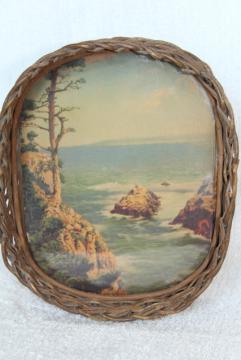 antique wicker tray, souvenir w/ vintage color print, rocky ocean coast w/ gnarled old tree