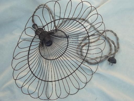 antique wire cage industrial light, early electric pendant light w/ shade