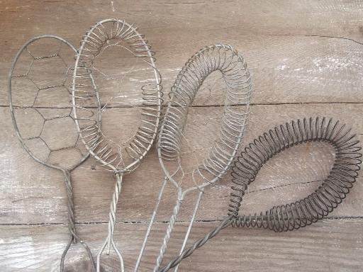 antique wire kitchen utensils, vintage whisks, whippers, strainer spoon