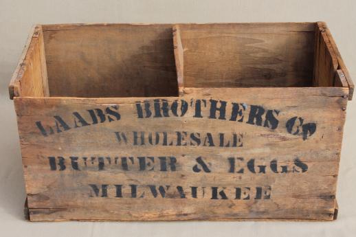 antique wood box stenciled Laabs Milwaukee butter & eggs, primitive vintage egg crate