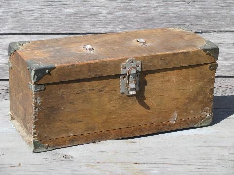 antique wood carpenter's tool boxes, two vintage woodworking tool chests