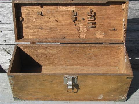 antique wood carpenter's tool boxes, two vintage woodworking tool chests