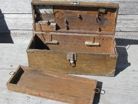 antique wood carpenter's tool boxes, two vintage woodworking tool chests