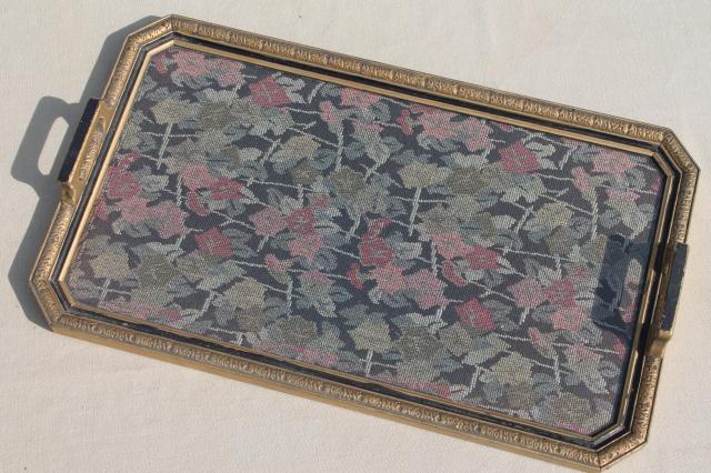 antique wood frame tray w/ handles, vintage brocade fabric tray cloth under glass