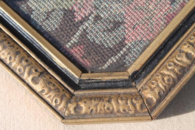 antique wood frame tray w/ handles, vintage brocade fabric tray cloth under glass