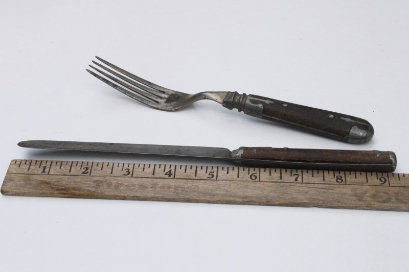antique wood handled table knife  fork, 1800s vintage utensils