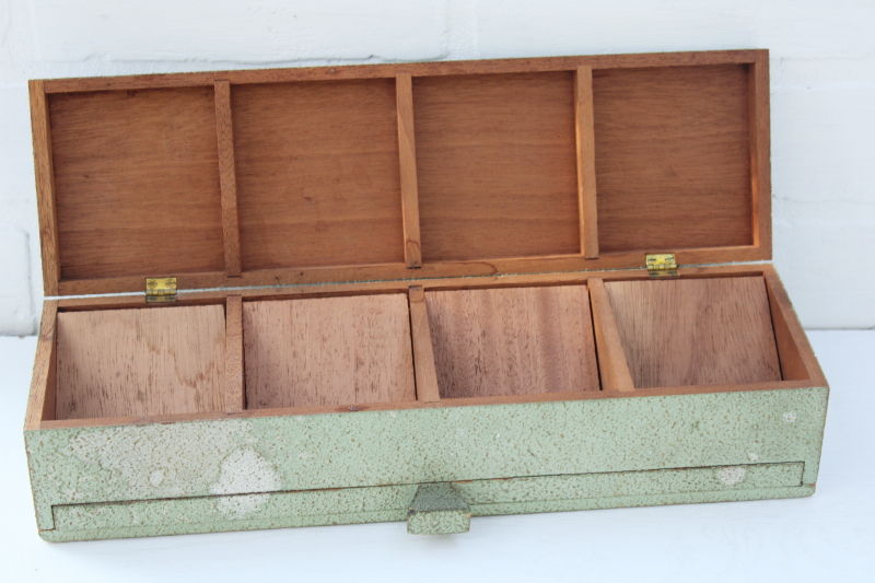 antique wood store counter display case, green gold gesso box for writing supplies, jewelry or notions