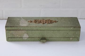 antique wood store counter display case, green gold gesso box for writing supplies, jewelry or notions