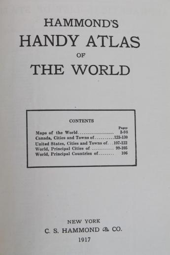 antique world atlas, pocket size 1917 Hammond's Atlas w/ color maps