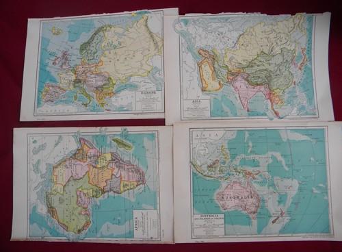antique world maps, 1903 full color litho plates Europe, Africa etc.