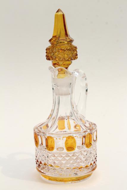 antique yellow stain glass cruet, EAPG vintage bottle & stopper, thumbprint pattern