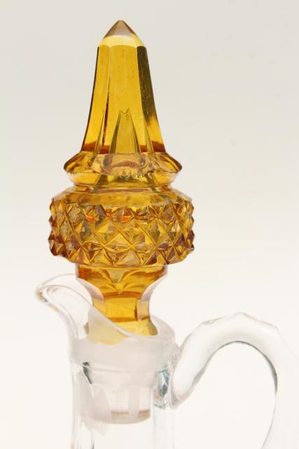 antique yellow stain glass cruet, EAPG vintage bottle & stopper, thumbprint pattern