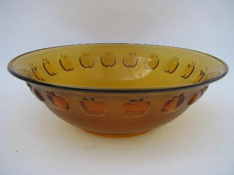 apple border amber glass salad bowl lot, newer bowls made in Indonesia