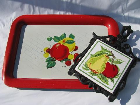 apple & pear, apples & cherries, vintage kitchen trivet & metal litho tray