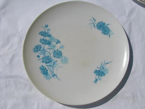 aqua blue cornflowers on white, retro 60s vintage melmac dinnerware lot