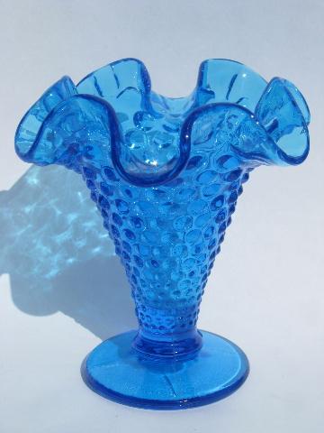 aqua blue hobnail pattern glass vase w/ crimped ruffle, vintage Fenton