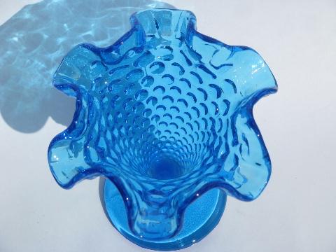 aqua blue hobnail pattern glass vase w/ crimped ruffle, vintage Fenton