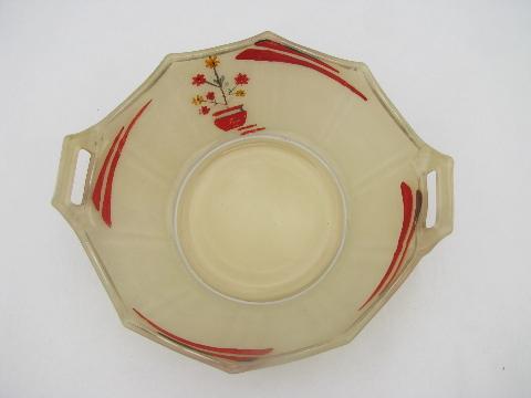 art deco 1920s - 30s vintage glass bowl, hand-painted red & ivory enamel