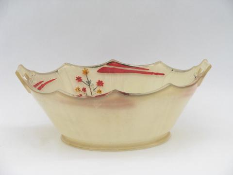 art deco 1920s - 30s vintage glass bowl, hand-painted red & ivory enamel