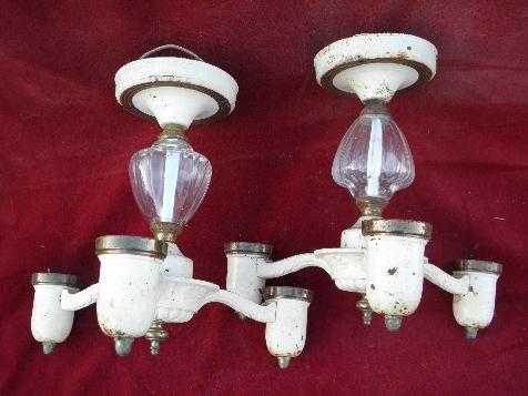art deco 1930s vintage matched pair of ceiling fixtures, old electric light chandeliers