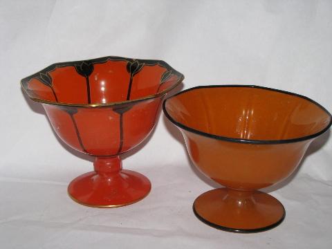 art deco 20s - 30s vintage painted enamel glass, candy dishes in orange w/ black