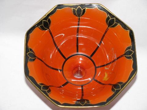 art deco 20s - 30s vintage painted enamel glass, candy dishes in orange w/ black