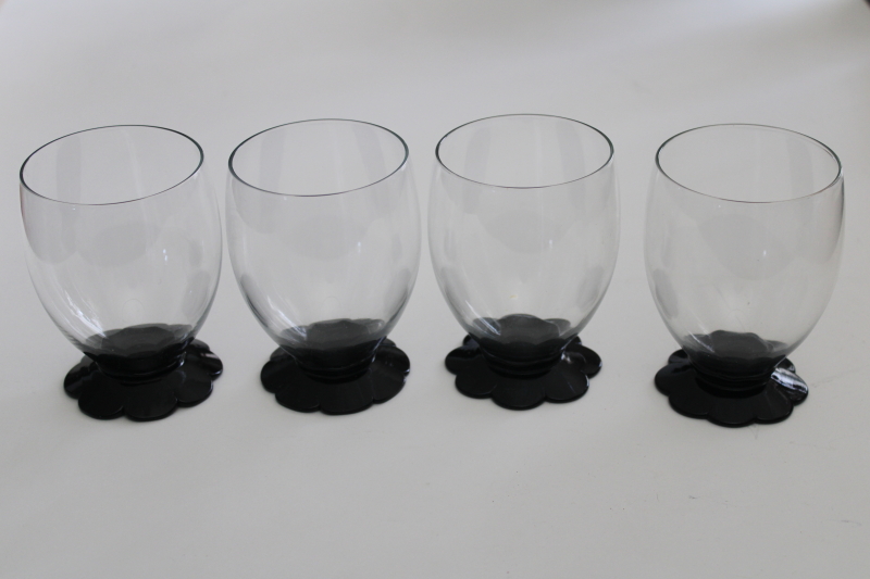 art deco Weston crystal ebony black glass footed glasses, vintage depression glass