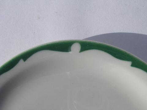 art deco airbrush green border, vintage white ironstone railroad china salad or lunch plates