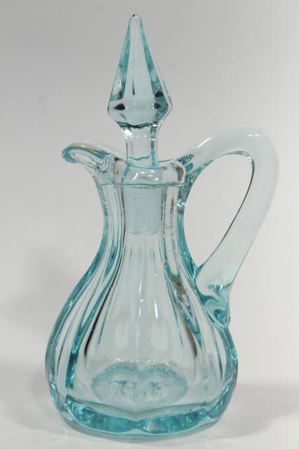 art deco elegant glass cruet bottle, pale blue vintage Heisey or Imperial glass