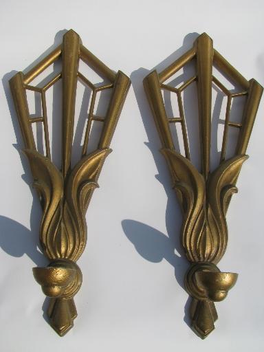 art deco gold fan candle sconces, pair vintage metal wall candleholders