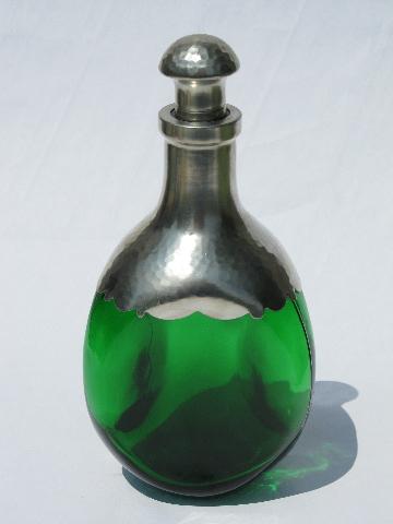 art deco hammered pewter overlay green glass liquor decanter bottle