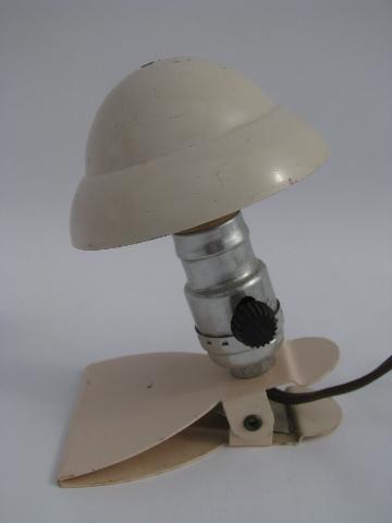 art deco metal helmet shade clip-on book light, vintage electric reading lamp