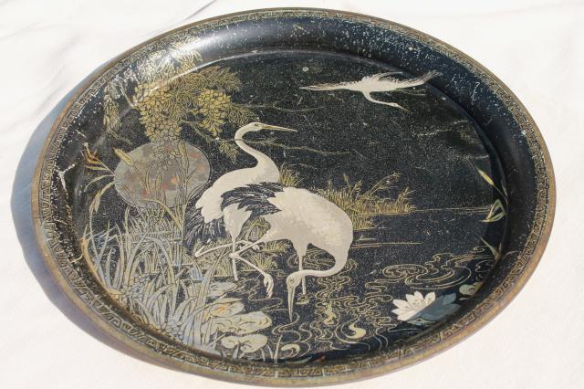 art deco metal tray w/ cranes in the moonlight litho print, vintage cocktail serving tray