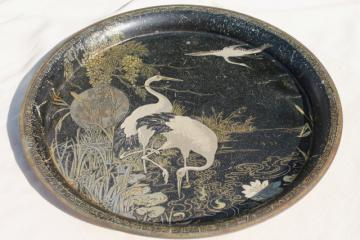 art deco metal tray w/ cranes in the moonlight litho print, vintage cocktail serving tray