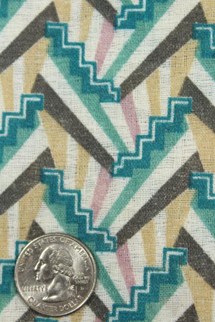 art deco style geometric print textured cotton fabric, mid-century vintage