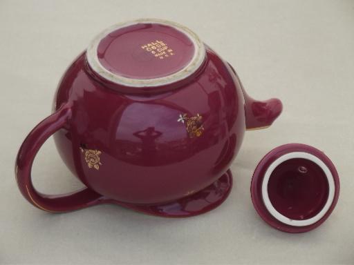 art deco vintage Hall china tea pot, maroon teapot w/ gold rose print 